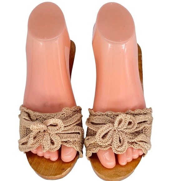 Vtg Bakya handcarved wooden heel tree palm crochet beige top slide tiki hut Sz 7 - Picture 3 of 12